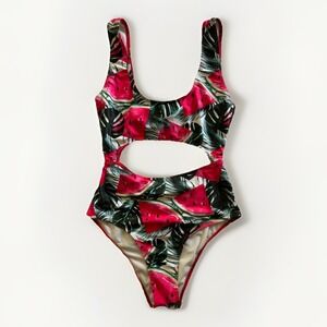 Zaful Watermelon Cutout Monokini One Piece Swimsuit 6 Pink Green Tropical Beach
